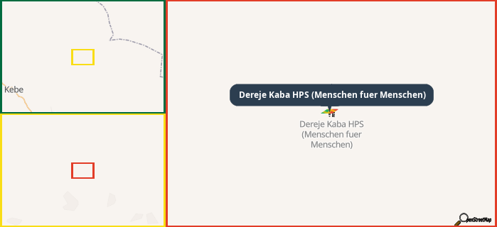 Map showing the address of Dereje Kaba HPS (Menschen fuer Menschen) in three different zoom levels.