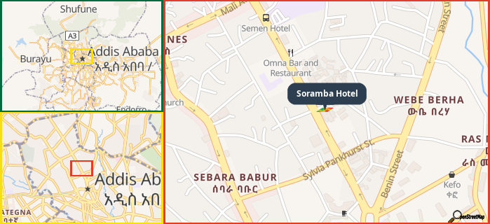 Map showing the address of Soramba Hotel in three different zoom levels.