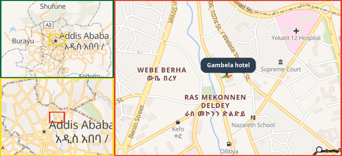 Map showing the address of Gambela hotel in three different zoom levels.