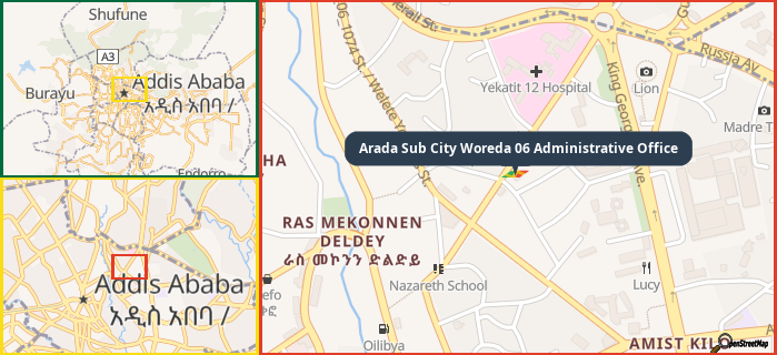 Map showing the address of Arada Sub City Woreda 06 Administrative Office in three different zoom levels.