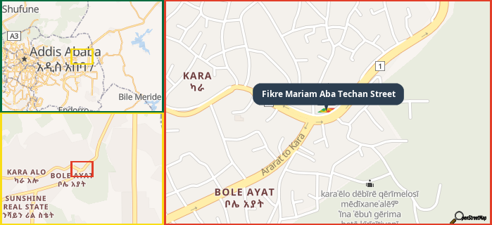 Map showing the address of Fikre Mariam Aba Techan Street in three different zoom levels.