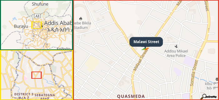 Map showing the address of Malawi Street in three different zoom levels.