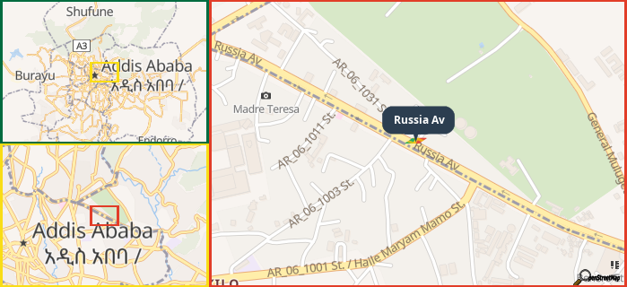 Map showing the address of Russia Av in three different zoom levels.