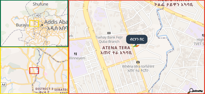 Map showing the address of ብርሃን በር in three different zoom levels.