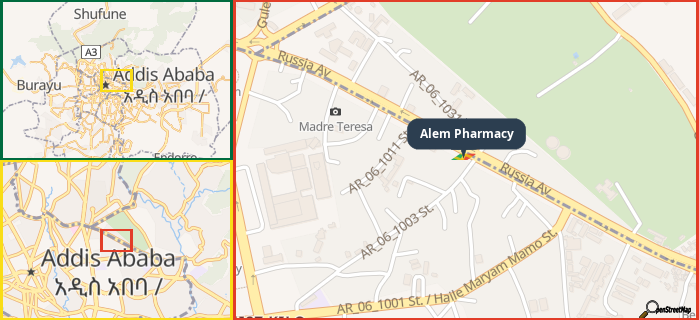 Map showing the address of Alem Pharmacy in three different zoom levels.