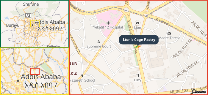 Map showing the address of Lion's Cage Pastry in three different zoom levels.