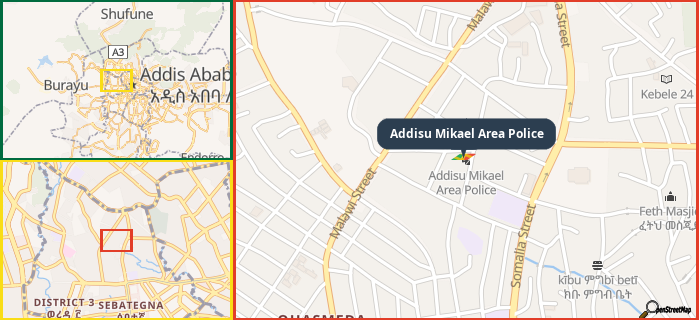 Map showing the address of Addisu Mikael Area Police in three different zoom levels.