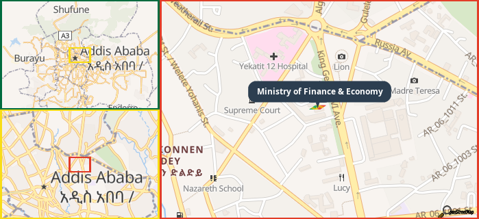 Map showing the address of Ministry of Finance & Economy in three different zoom levels.