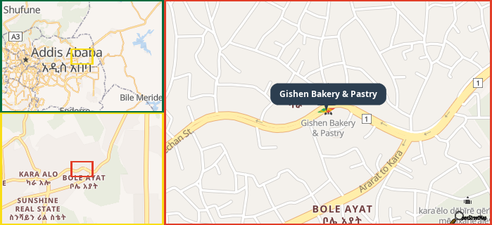 Map showing the address of Gishen Bakery & Pastry in three different zoom levels.