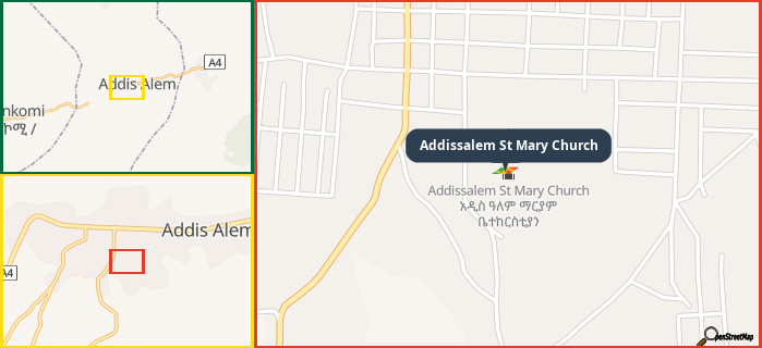 Map showing the address of Addissalem St Mary Church in three different zoom levels.