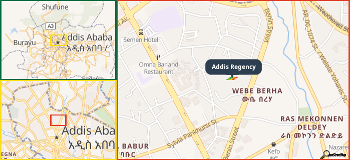 Map showing the address of Addis Regency in three different zoom levels.