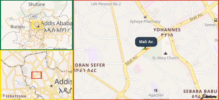 Map showing the address of Mali Av. in three different zoom levels.