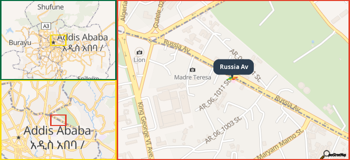 Map showing the address of Russia Av in three different zoom levels.