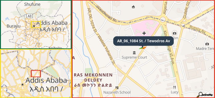 Map showing the address of AR_06_1084 St. / Tewodros Av in three different zoom levels.