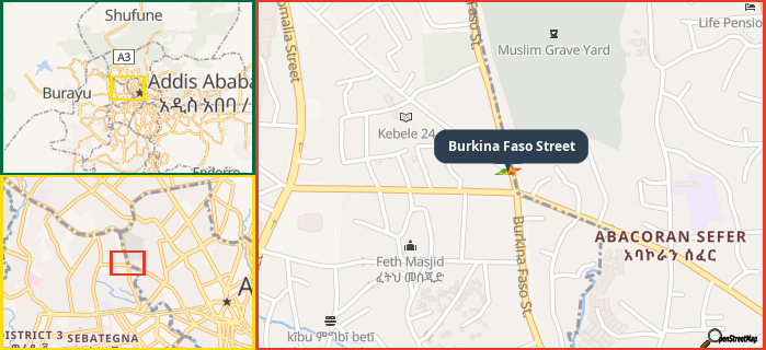 Map showing the address of Burkina Faso Street in three different zoom levels.