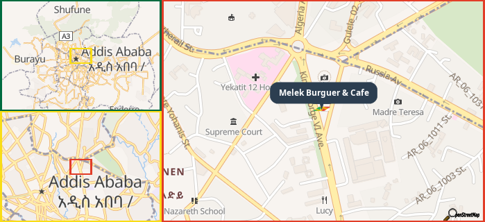 Map showing the address of Melek Burguer & Cafe in three different zoom levels.