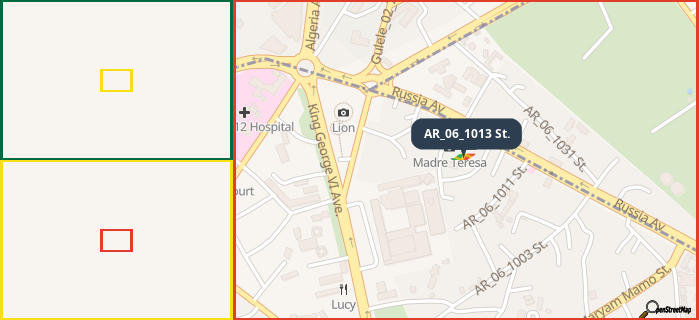 Map showing the address of AR_06_1013 St. in three different zoom levels.