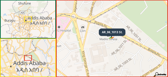 Map showing the address of AR_06_1013 St. in three different zoom levels.
