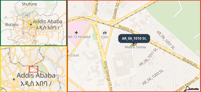 Map showing the address of AR_06_1010 St. in three different zoom levels.