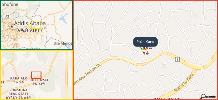 Map showing the address of ካራ - Kara in three different zoom levels.