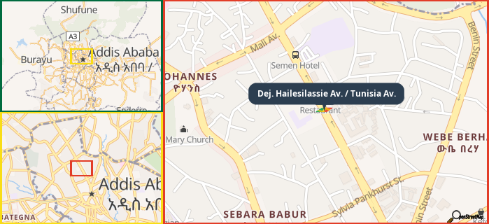 Map showing the address of Dej. Hailesilassie Av. / Tunisia Av. in three different zoom levels.