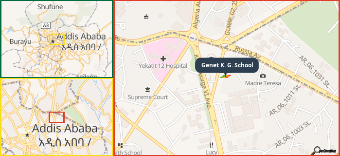 Map showing the address of Genet K. G. School in three different zoom levels.