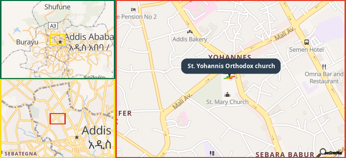 Map showing the address of St. Yohannis Orthodox church in three different zoom levels.