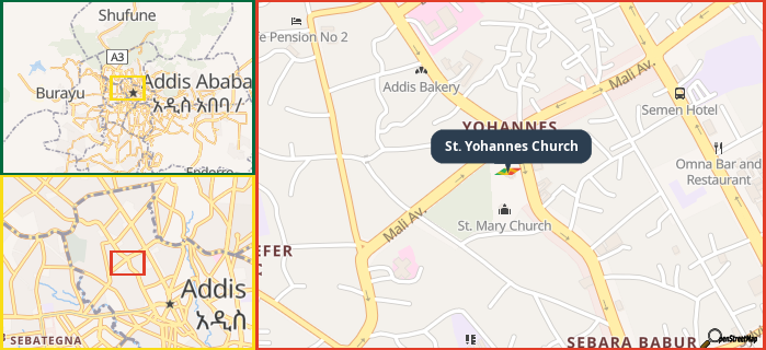 Map showing the address of St. Yohannes Church in three different zoom levels.