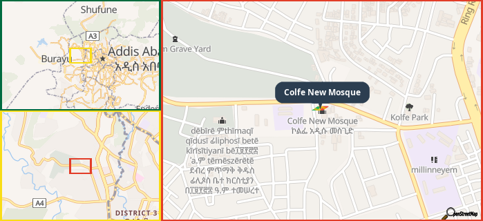 Map showing the address of Colfe New Mosque in three different zoom levels.