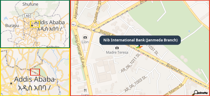 Map showing the address of Nib International Bank (Janmeda Branch) in three different zoom levels.