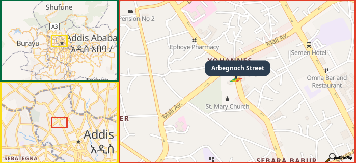 Map showing the address of Arbegnoch Street in three different zoom levels.