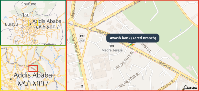 Map showing the address of Awash bank (Yared Branch) in three different zoom levels.