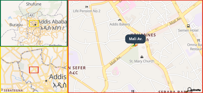 Map showing the address of Mali Av. in three different zoom levels.