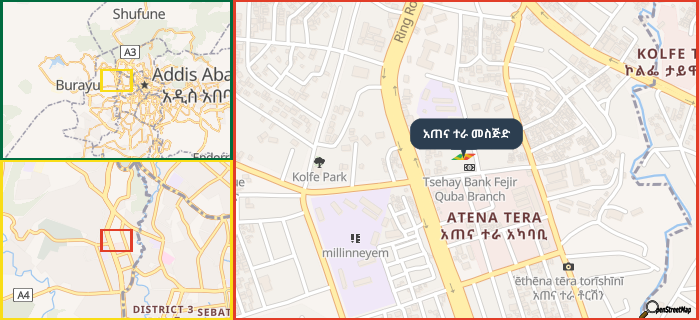 Map showing the address of አጠና ተራ መስጅድ in three different zoom levels.