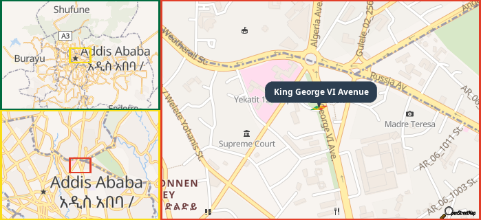 Map showing the address of King George VI Avenue in three different zoom levels.