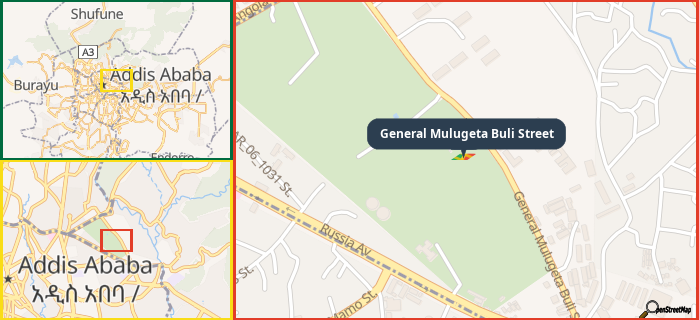 Map showing the address of General Mulugeta Buli Street in three different zoom levels.