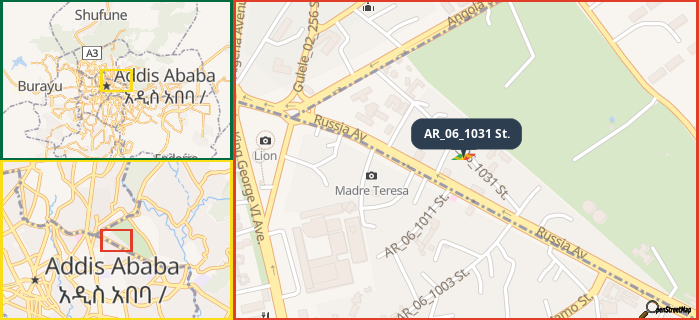 Map showing the address of AR_06_1031 St. in three different zoom levels.