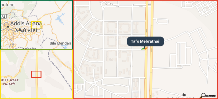 Map showing the address of Tafo Mebrathail in three different zoom levels.
