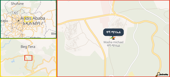 Map showing the address of ዋሻ ሚካኤል in three different zoom levels.