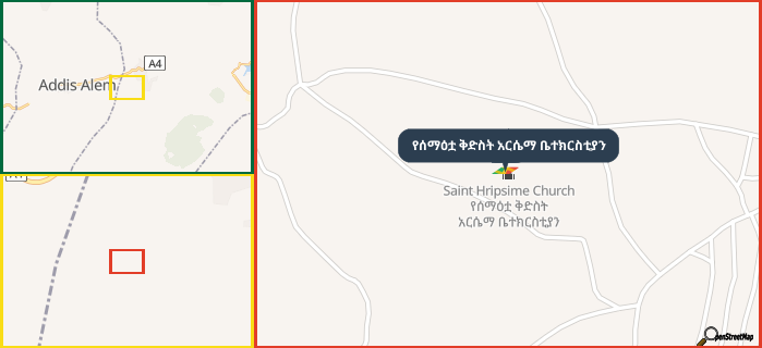 Map showing the address of የሰማዕቷ ቅድስት አርሴማ ቤተክርስቲያን in three different zoom levels.