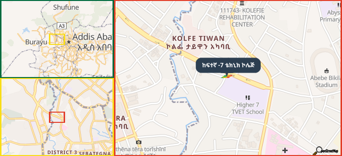 Map showing the address of ከፍተኛ -7 ቴክኒክ ኮሌጅ in three different zoom levels.