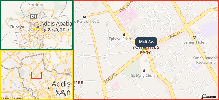 Map showing the address of Mali Av. in three different zoom levels.