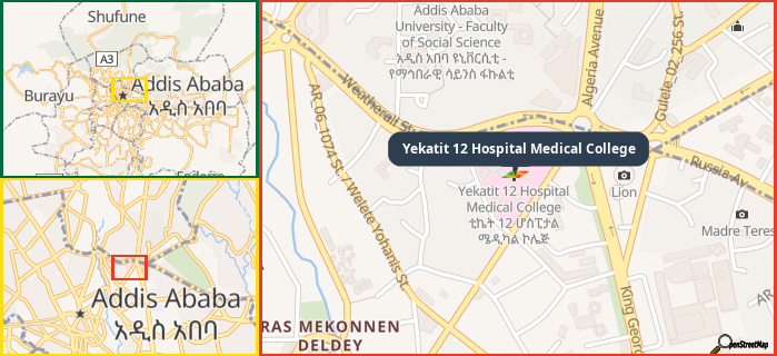 Map showing the address of Yekatit 12 Hospital Medical College in three different zoom levels.