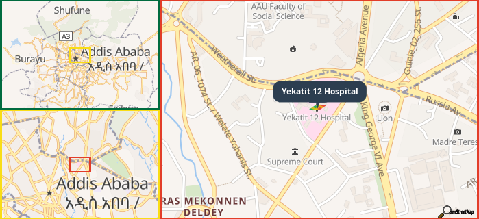 Map showing the address of Yekatit 12 Hospital in three different zoom levels.