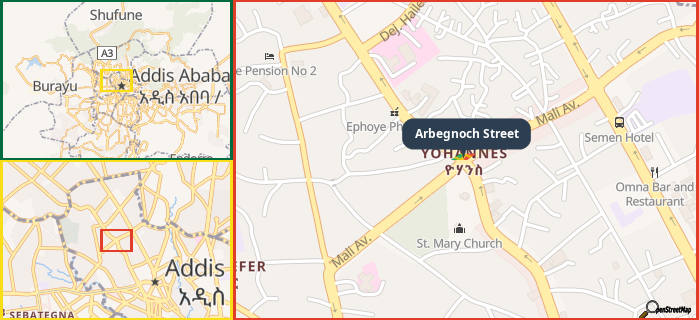 Map showing the address of Arbegnoch Street in three different zoom levels.