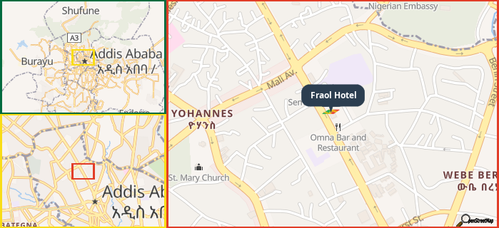 Map showing the address of Fraol Hotel in three different zoom levels.