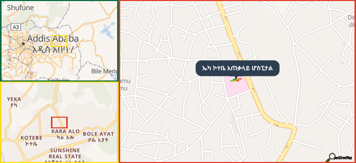 Map showing the address of ኤካ ኮተቤ አጠቃላይ ሆስፒታል in three different zoom levels.