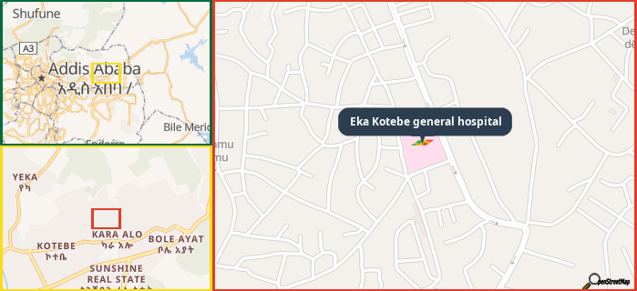 Map showing the address of Eka Kotebe general hospital in three different zoom levels.