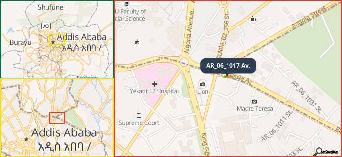Map showing the address of AR_06_1017 Av. in three different zoom levels.
