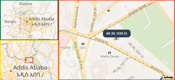 Map showing the address of AR_06_1036 St. in three different zoom levels.